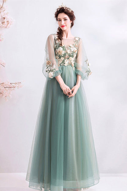 Green Scoop Neckline Lace Evening Dress, A-Line Long Sleeve Prom Dress