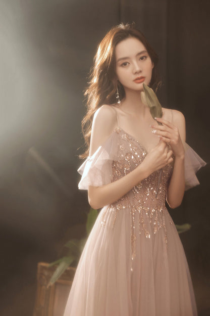 A-Line Tulle Long Prom Dress with Beaded, V-Neck Spaghetti Straps Evening Dress