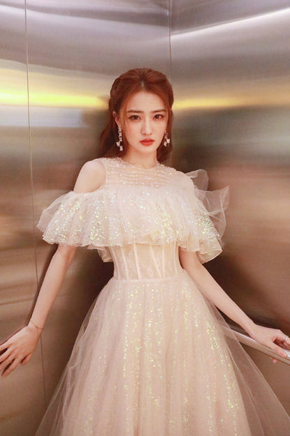 Cute Tulle Long Prom Dress, Shiny A-Line Evening Graduation Dress