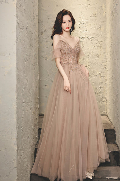 A-Line Tulle Long Prom Dress with Beaded, V-Neck Spaghetti Straps Evening Dress