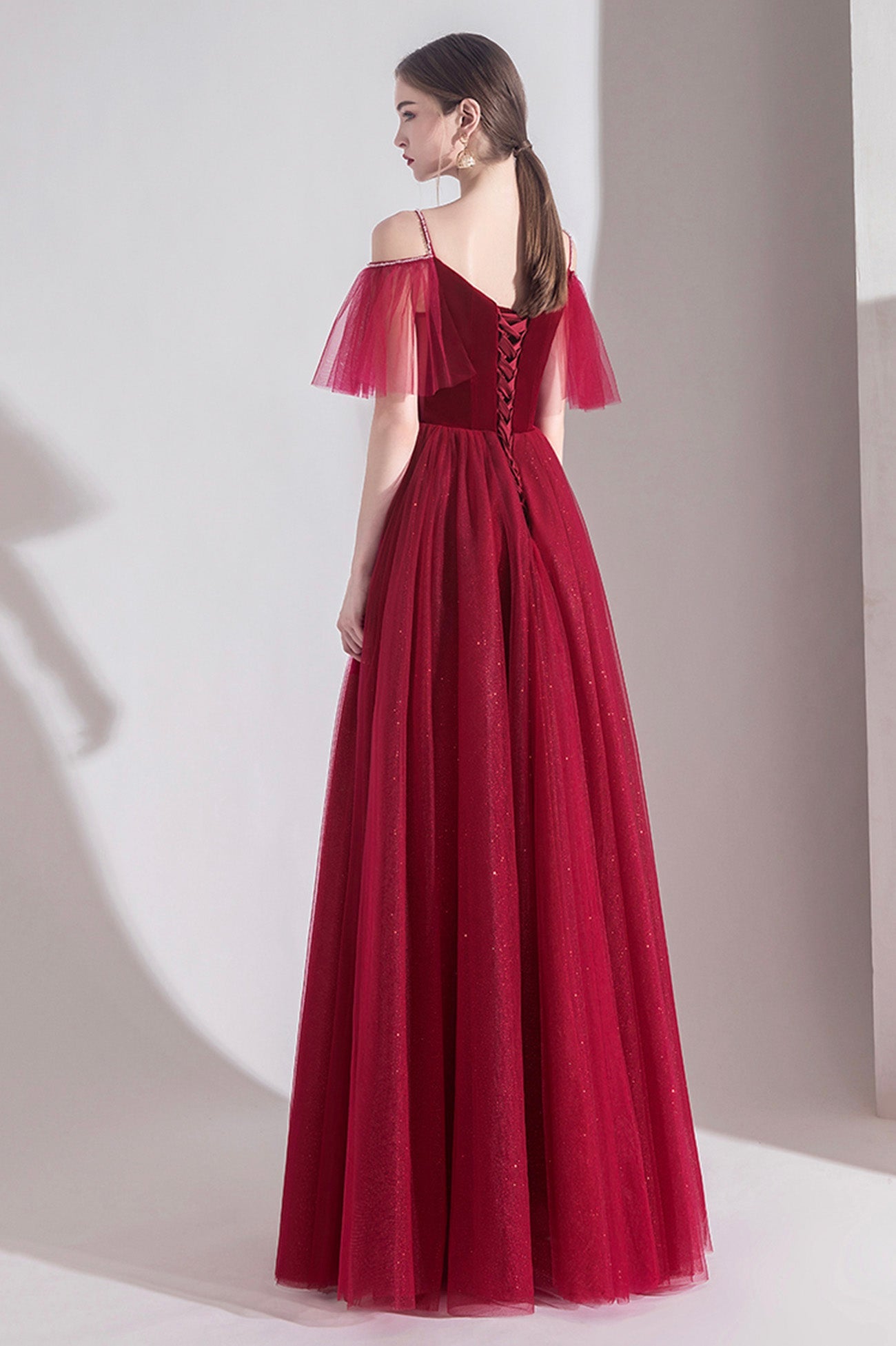 Burgundy Velvet Tulle Long A-Line Prom Dress, V-Neck Evening Dress