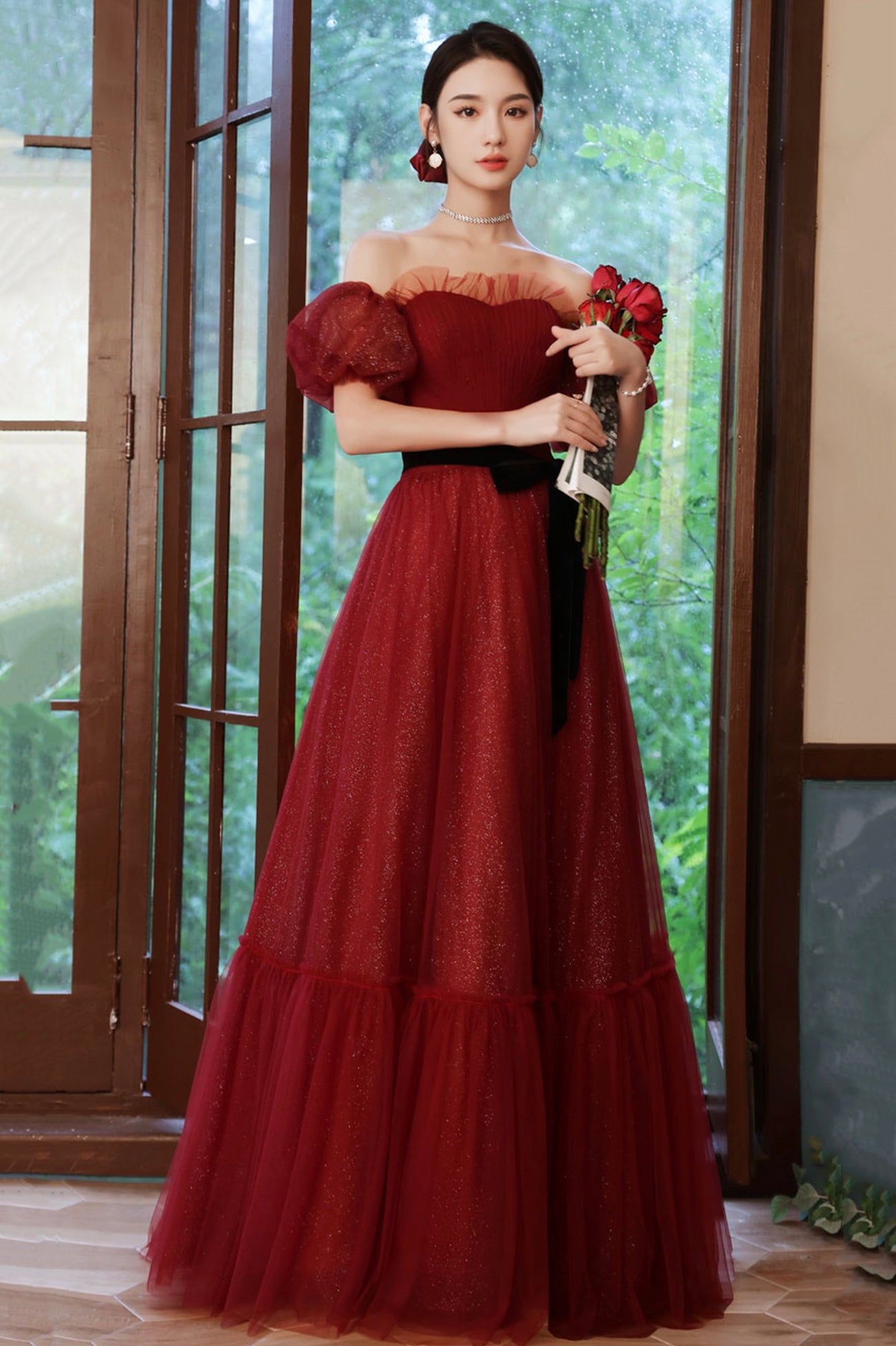 Burgundy Tulle Long A-Line Prom Dress, Off the Shoulder Evening Dress