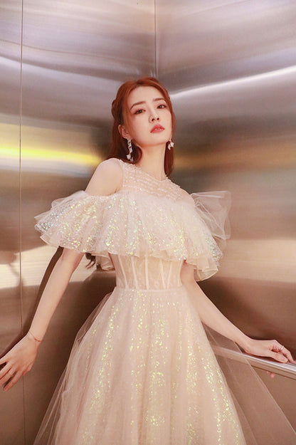 Cute Tulle Long Prom Dress, Shiny A-Line Evening Graduation Dress