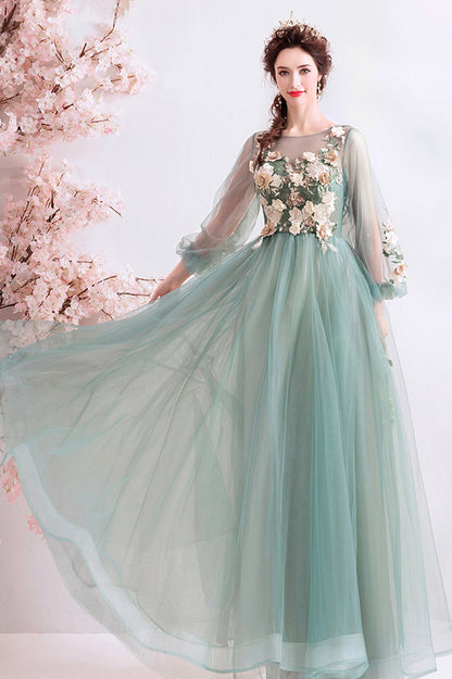 Green Scoop Neckline Lace Evening Dress, A-Line Long Sleeve Prom Dress