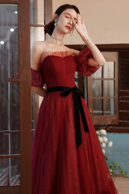 Burgundy Tulle Long A-Line Prom Dress, Off the Shoulder Evening Dress