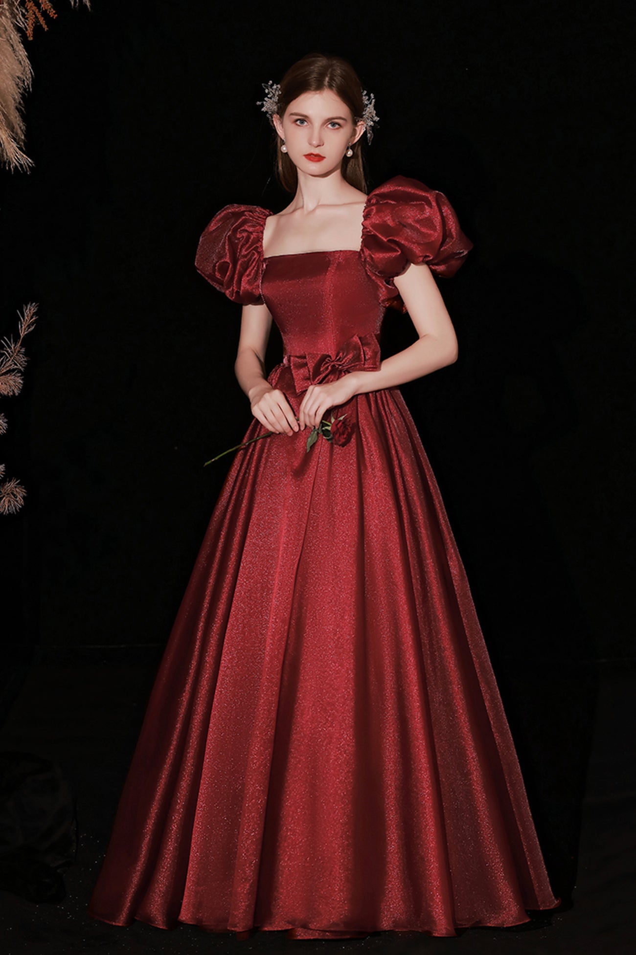 Burgundy Satin Long Prom Dress, A-Line Puff Sleeves Evening Dress
