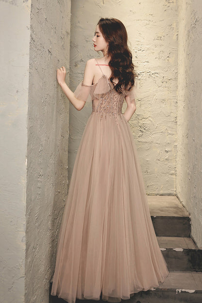 A-Line Tulle Long Prom Dress with Beaded, V-Neck Spaghetti Straps Evening Dress
