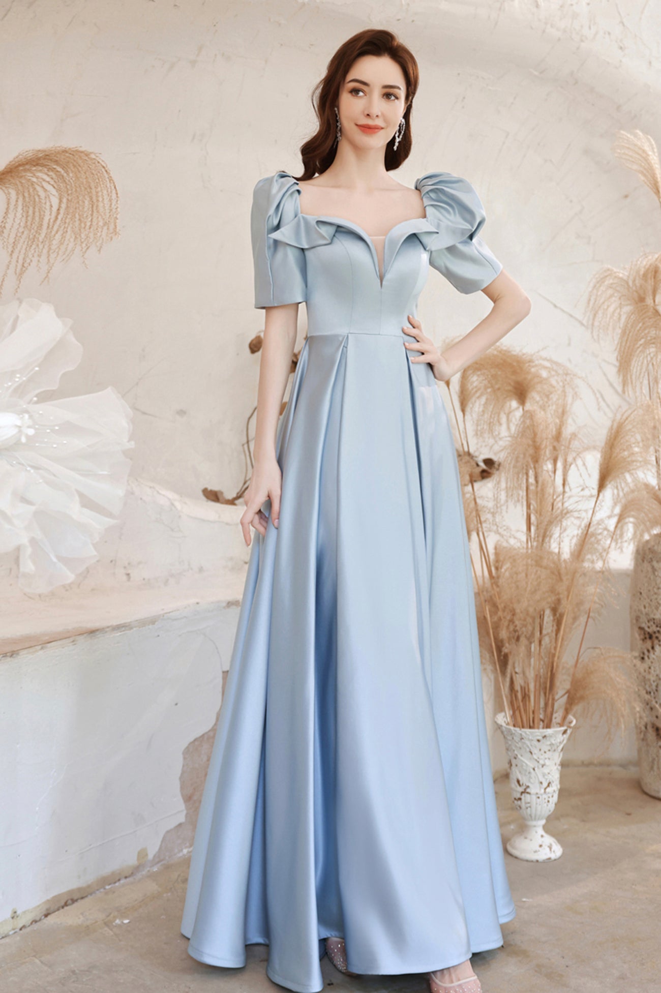 Blue Satin Long A-Line Prom Dress, Blue Short Sleeve Evening Dress