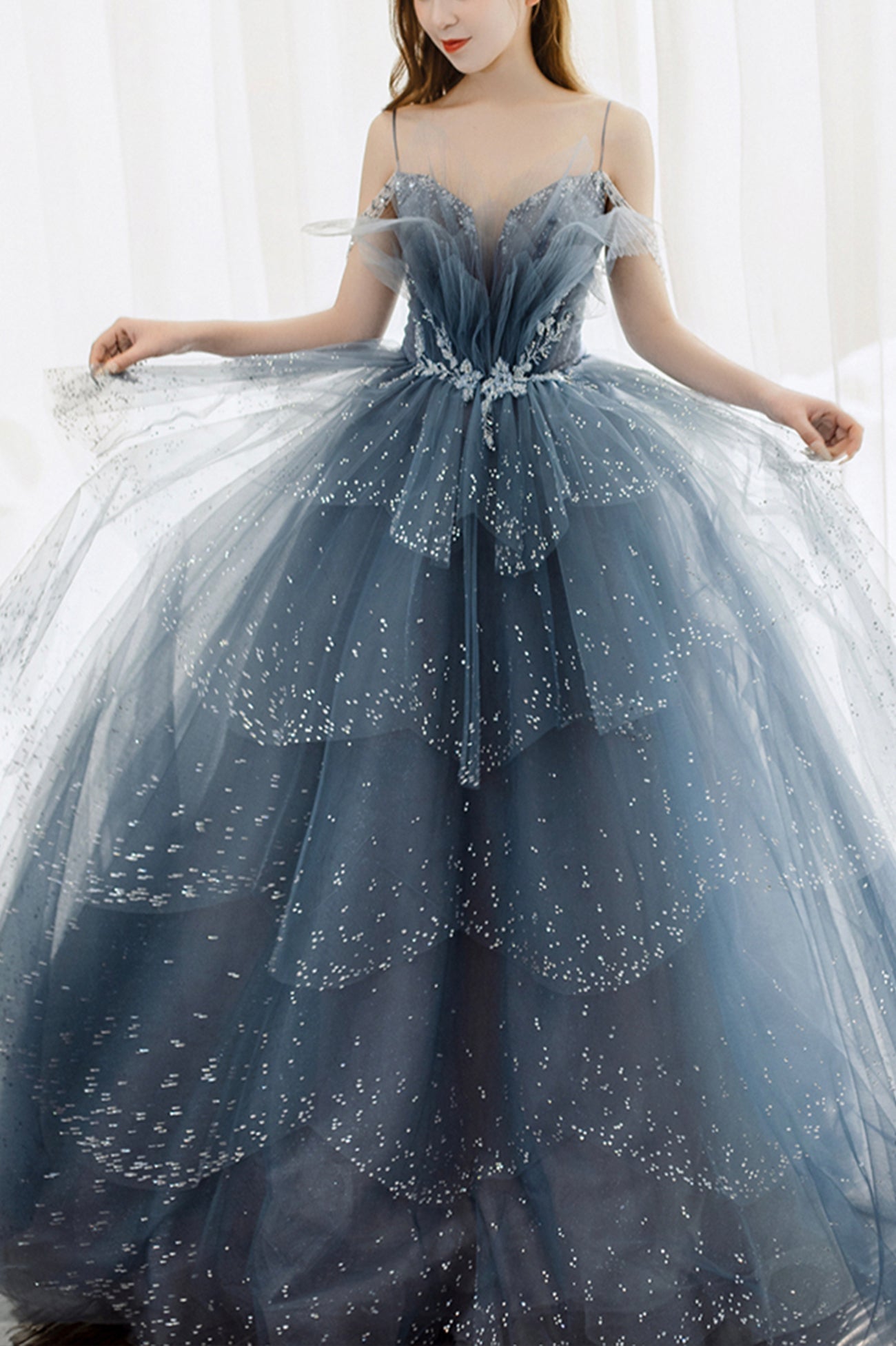 Blue Tulle Beaded Long A-Line Prom Dress, Blue Formal Evening Gown