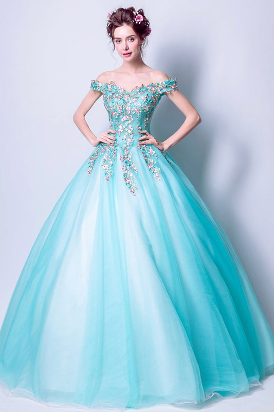 Blue Tulle Long A-Line Prom Dress with Lace, Off the Shoulder Evening Dress