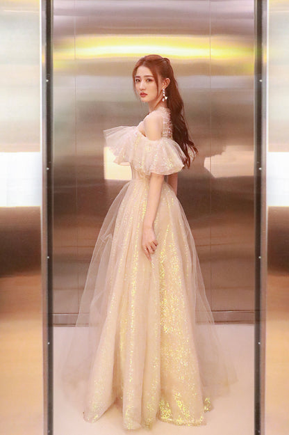 Cute Tulle Long Prom Dress, Shiny A-Line Evening Graduation Dress