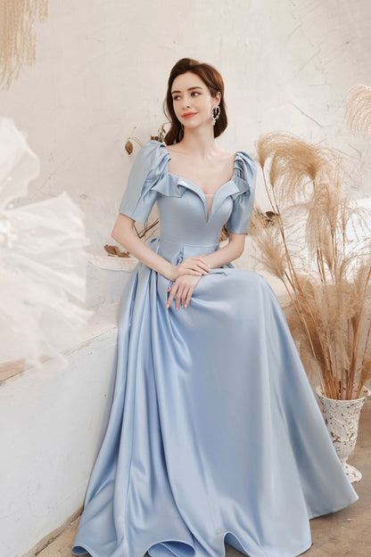 Blue Satin Long A-Line Prom Dress, Blue Short Sleeve Evening Dress