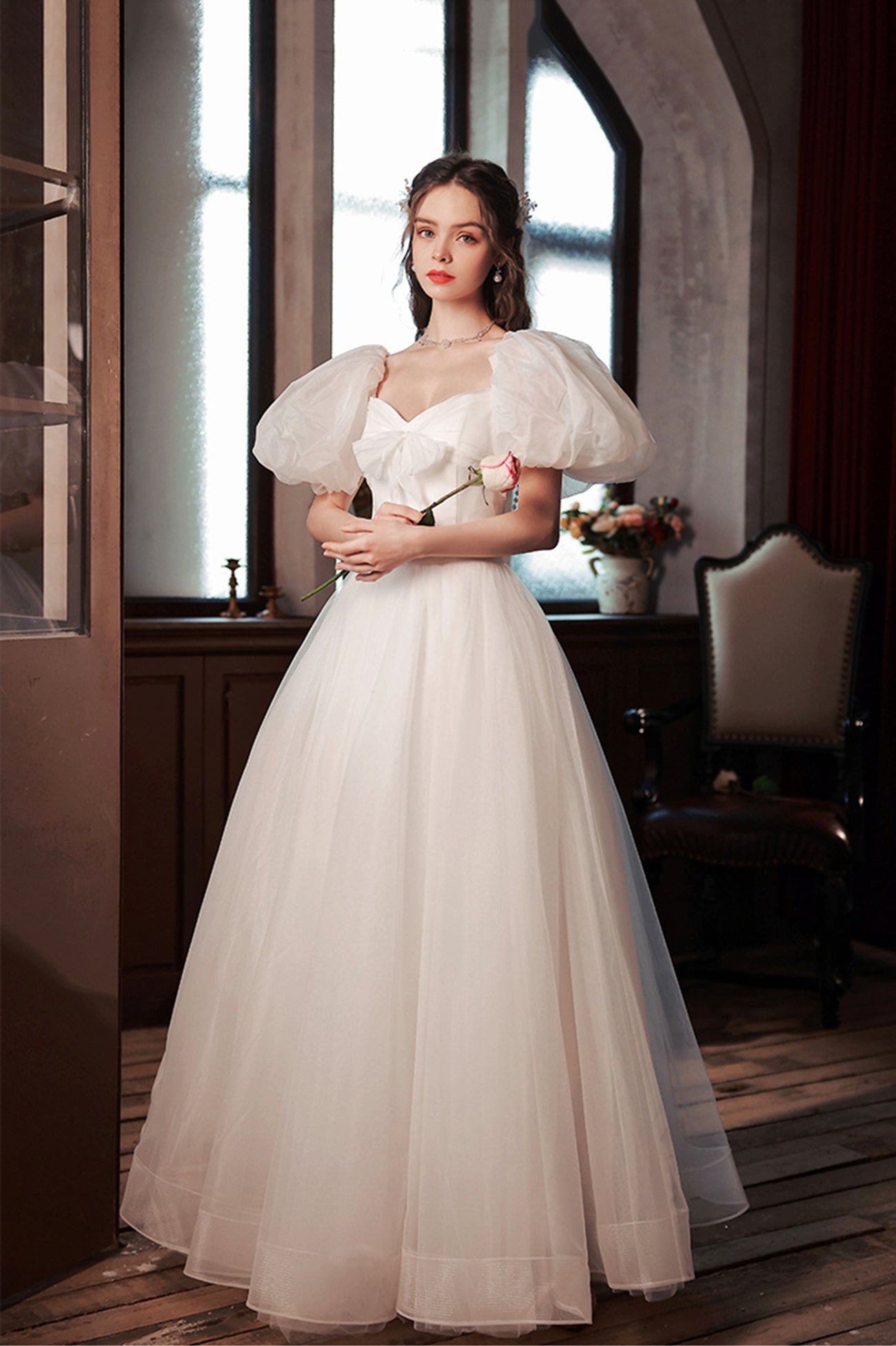 White Tulle Long Prom Dress, Lovely A-Line Puff Sleeve Evening Dress