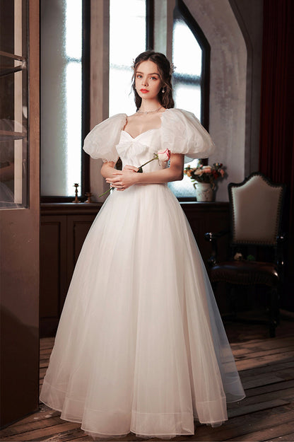 White Tulle Long Prom Dress, Lovely A-Line Puff Sleeve Evening Dress