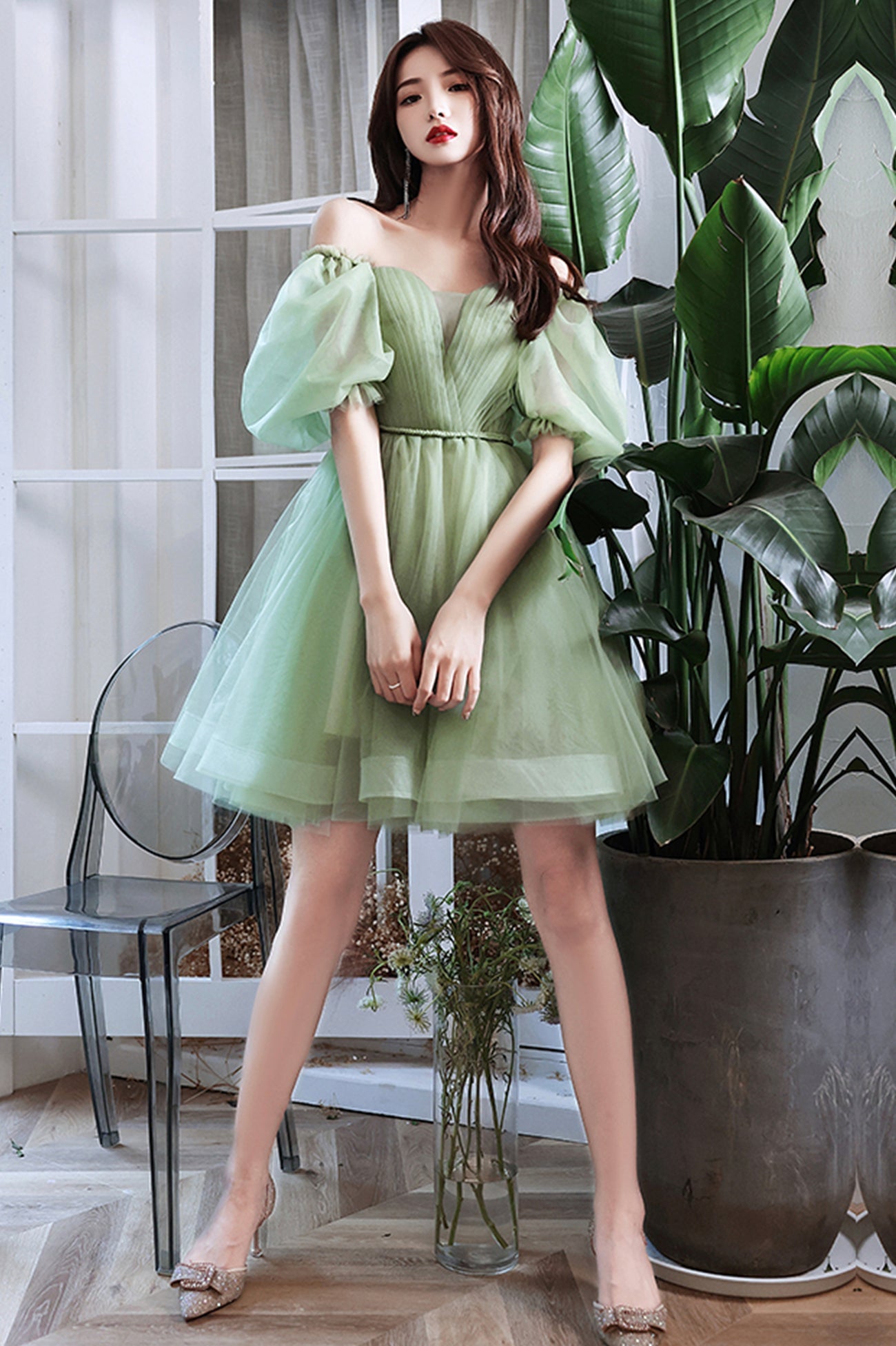 Green Tulle Short A-Line Prom Dress, Cute Short Sleeve Evening Party Dress