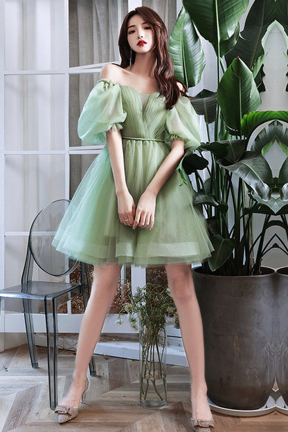Green Tulle Short A-Line Prom Dress, Cute Short Sleeve Evening Party Dress