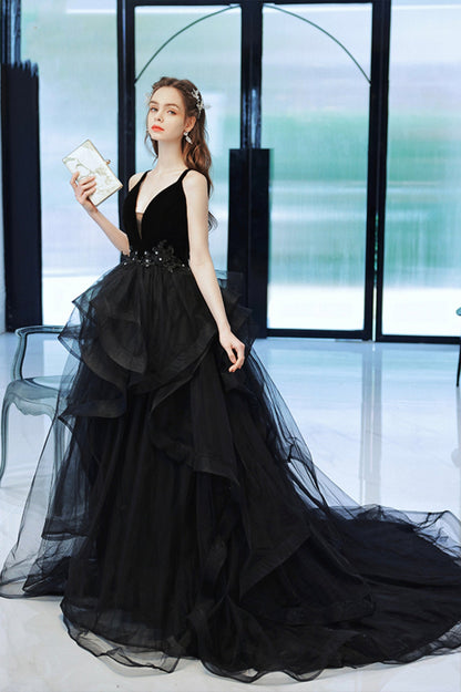 Black V-Neck Tulle Long Prom Dress, Black Graduation Dress with Lace