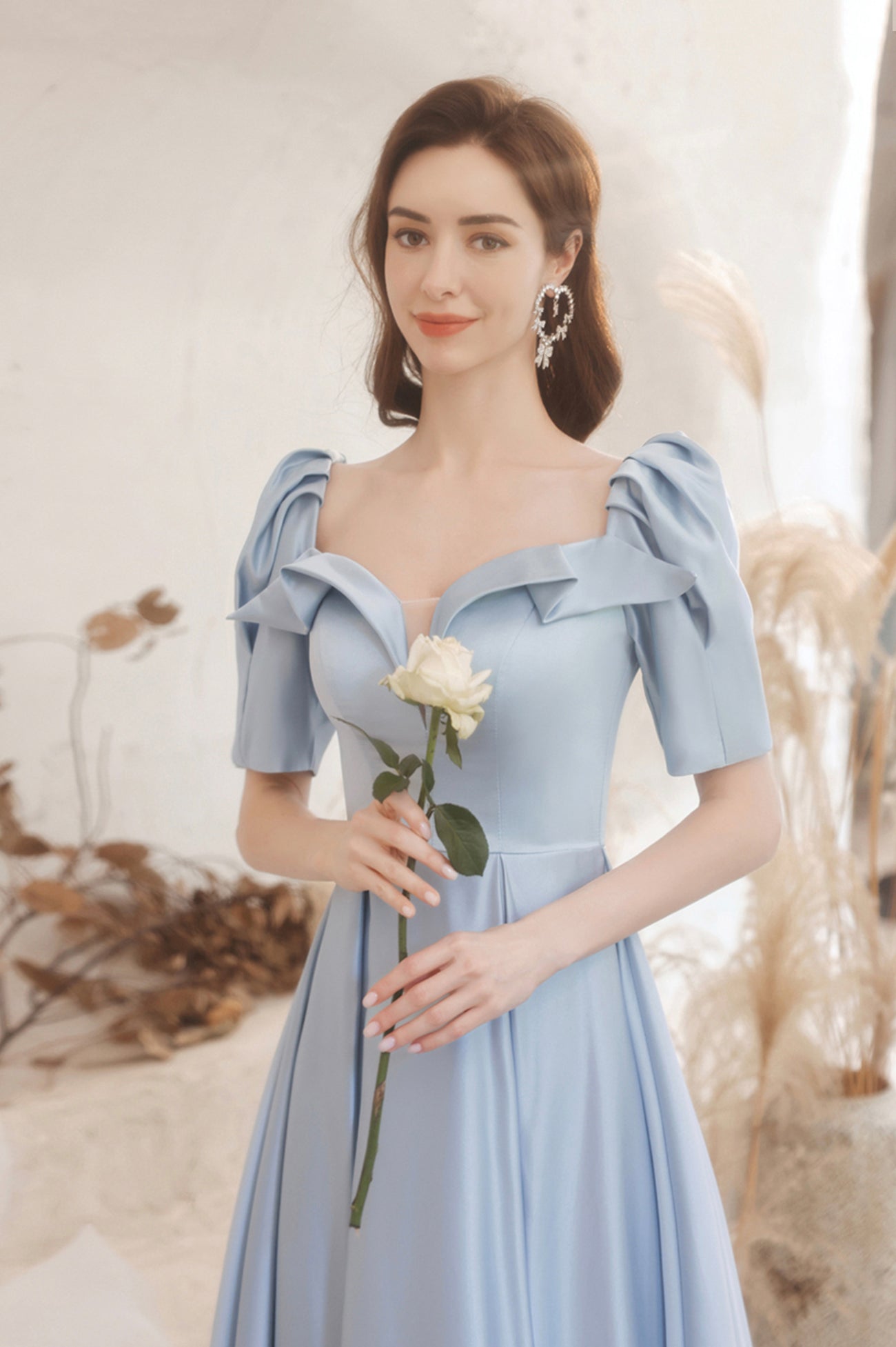 Blue Satin Long A-Line Prom Dress, Blue Short Sleeve Evening Dress