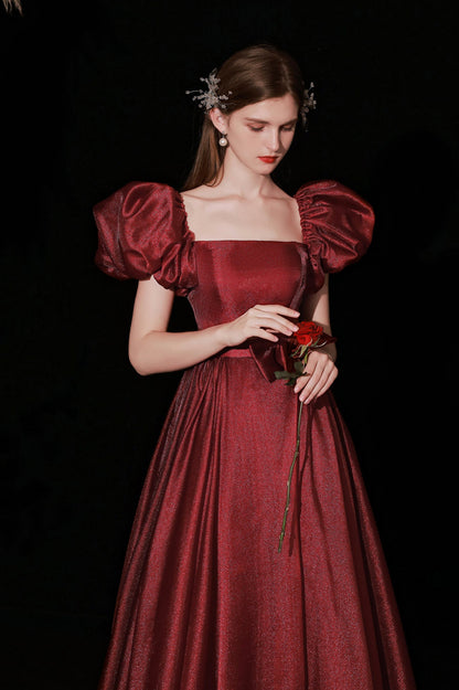 Burgundy Satin Long Prom Dress, A-Line Puff Sleeves Evening Dress