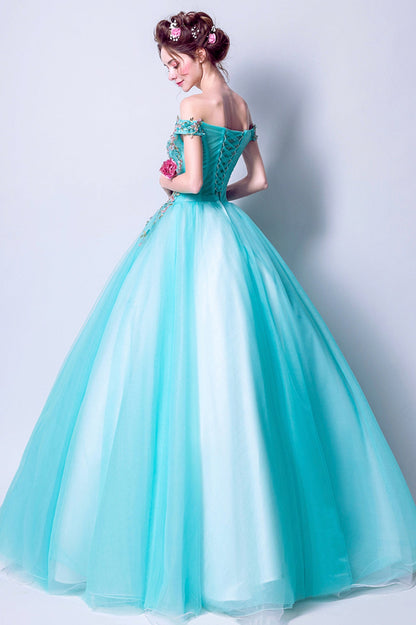 Blue Tulle Long A-Line Prom Dress with Lace, Off the Shoulder Evening Dress
