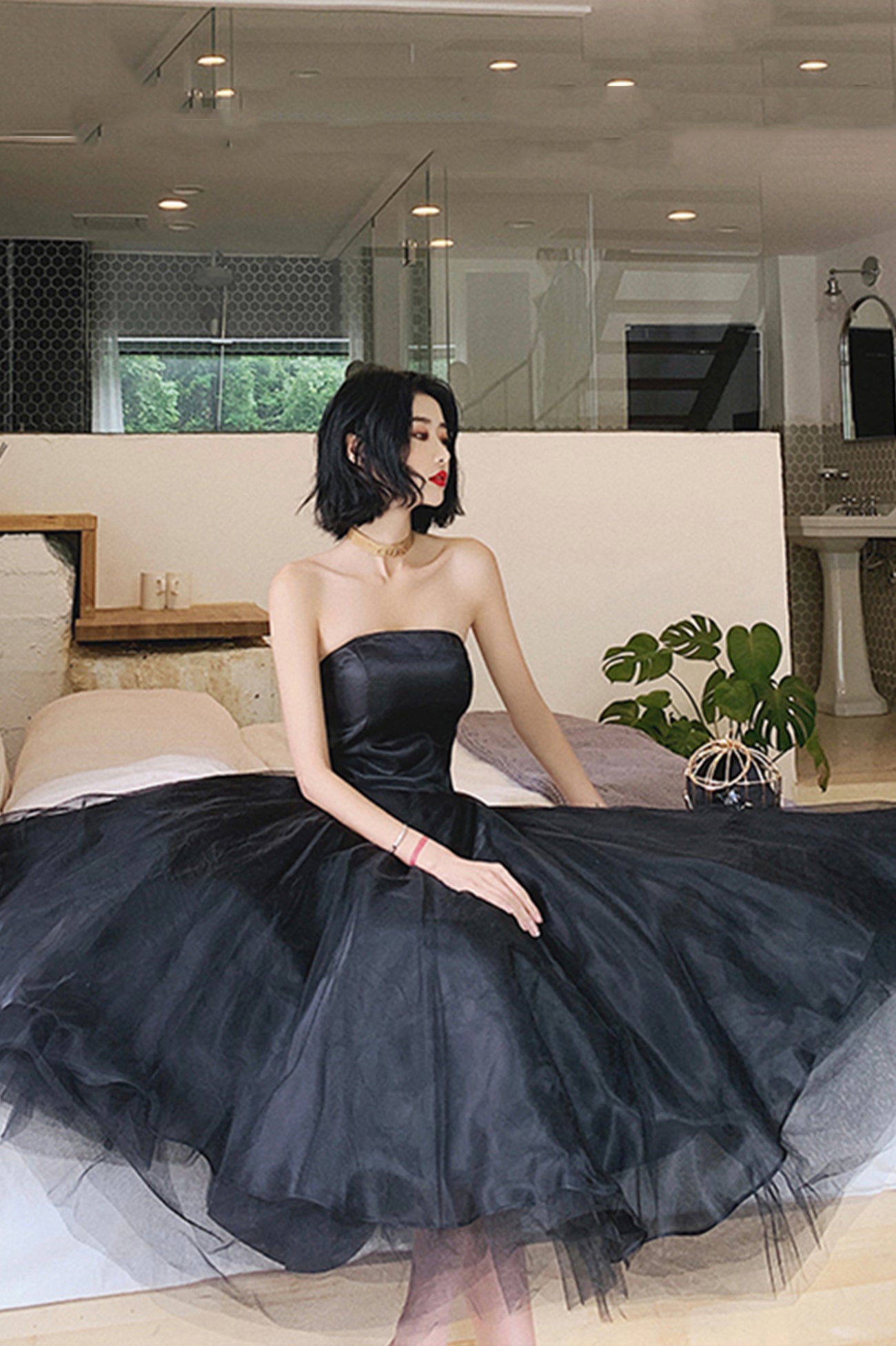 Black Tulle Short Prom Dress, Black Strapless Party Homecoming Dress