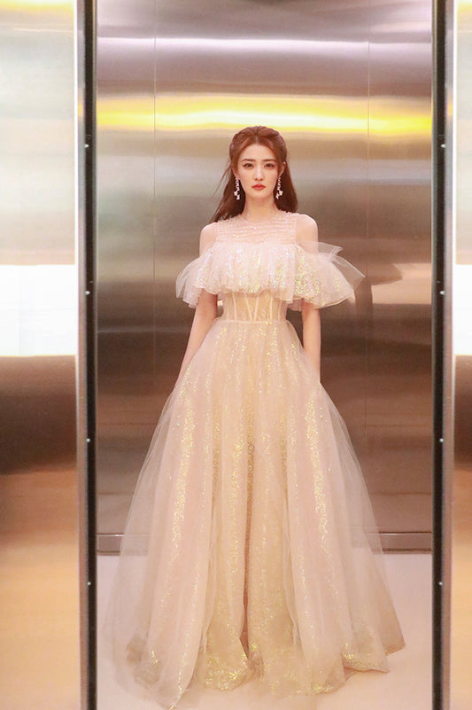 Cute Tulle Long Prom Dress, Shiny A-Line Evening Graduation Dress