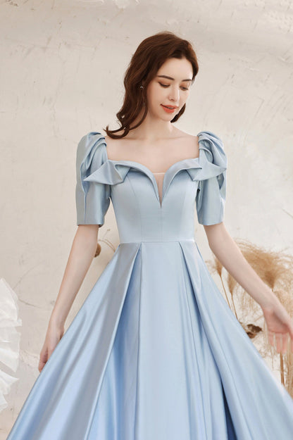 Blue Satin Long A-Line Prom Dress, Blue Short Sleeve Evening Dress