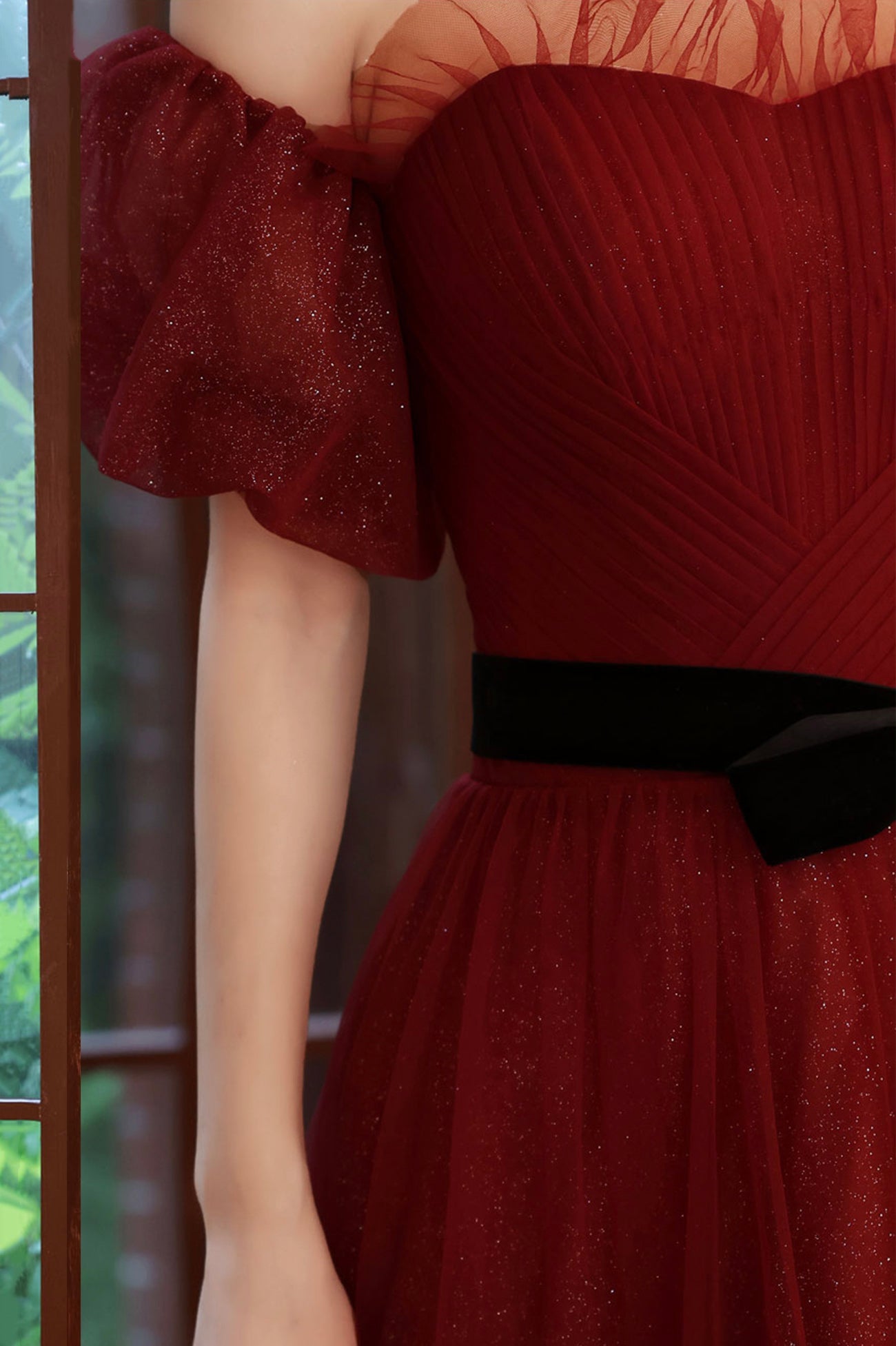 Burgundy Tulle Long A-Line Prom Dress, Off the Shoulder Evening Dress