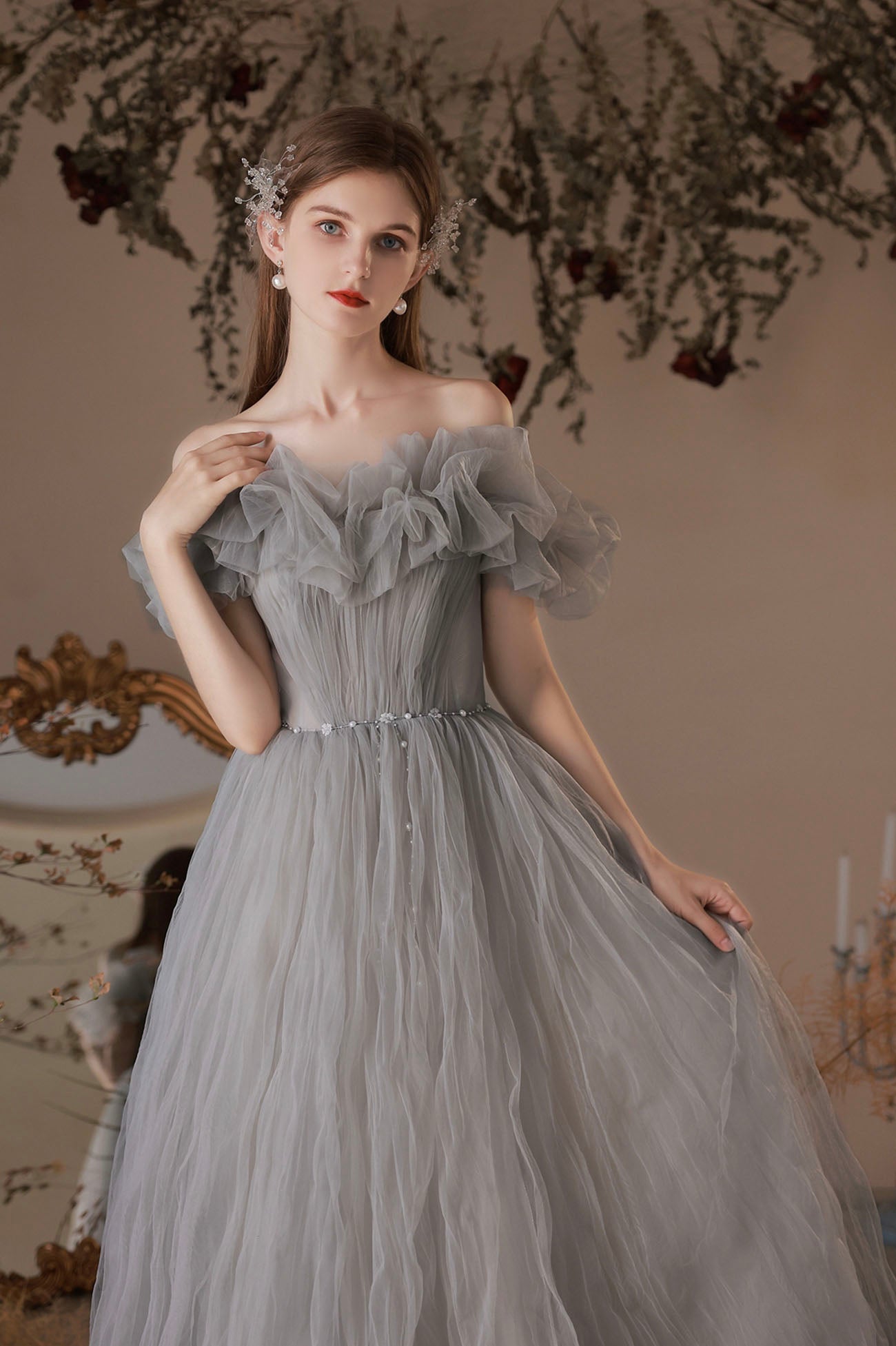 Gray Tulle Long A-Line Prom Dress, Off the Shoulder Formal Evening Dress
