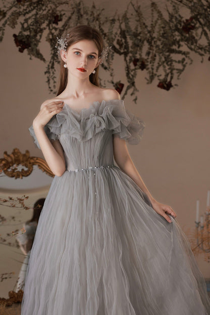 Gray Tulle Long A-Line Prom Dress, Off the Shoulder Formal Evening Dress
