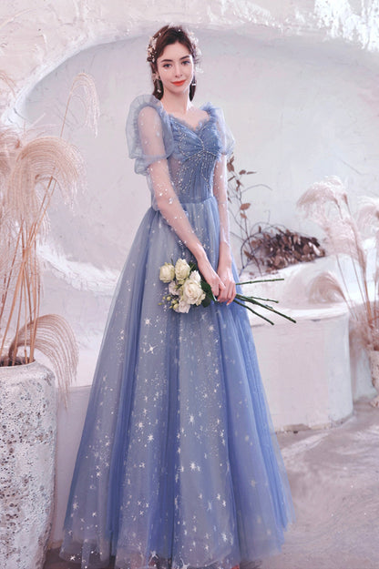 Blue Tulle Long Sleeve Prom Dress, A-Line Long Sleeve Tulle Evening Party Dress