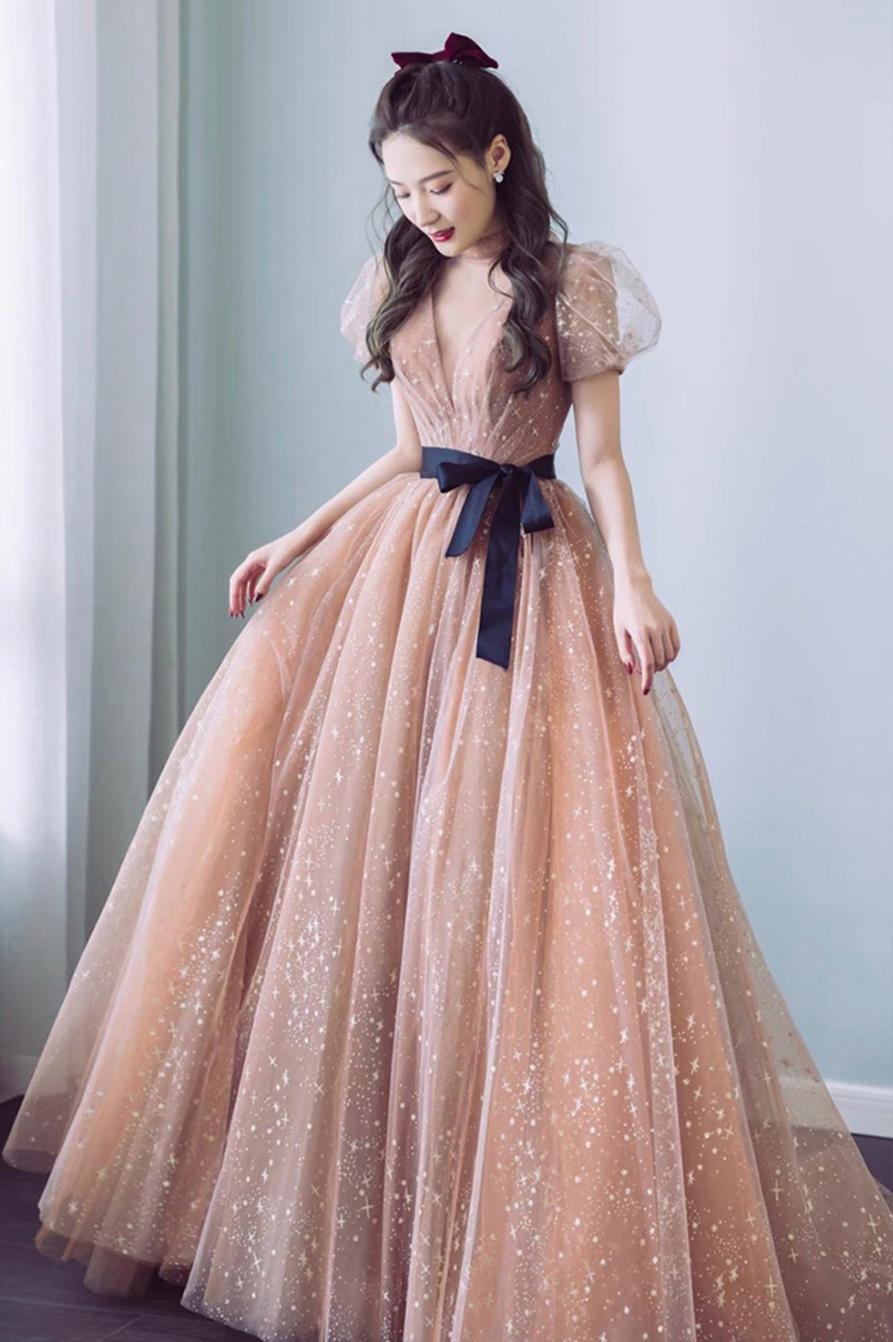 Cute Tulle Long Prom Dress with Bow, A-Line Evening Graduation Dress