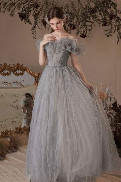 Gray Tulle Long A-Line Prom Dress, Off the Shoulder Formal Evening Dress