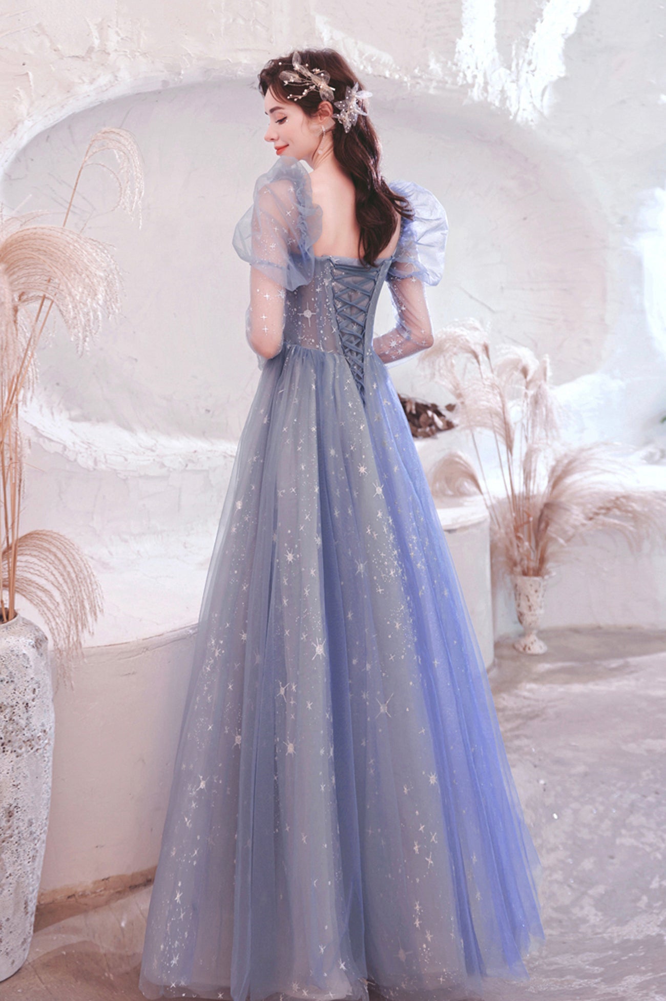 Blue Tulle Long Sleeve Prom Dress, A-Line Long Sleeve Tulle Evening Party Dress