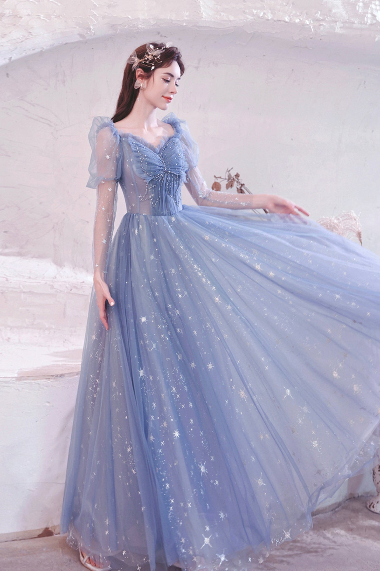 Blue Tulle Long Sleeve Prom Dress, A-Line Long Sleeve Tulle Evening Party Dress