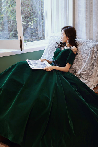 Green Velvet Long A-Line Prom Dress, Green Off the Shoulder Graduation Dress