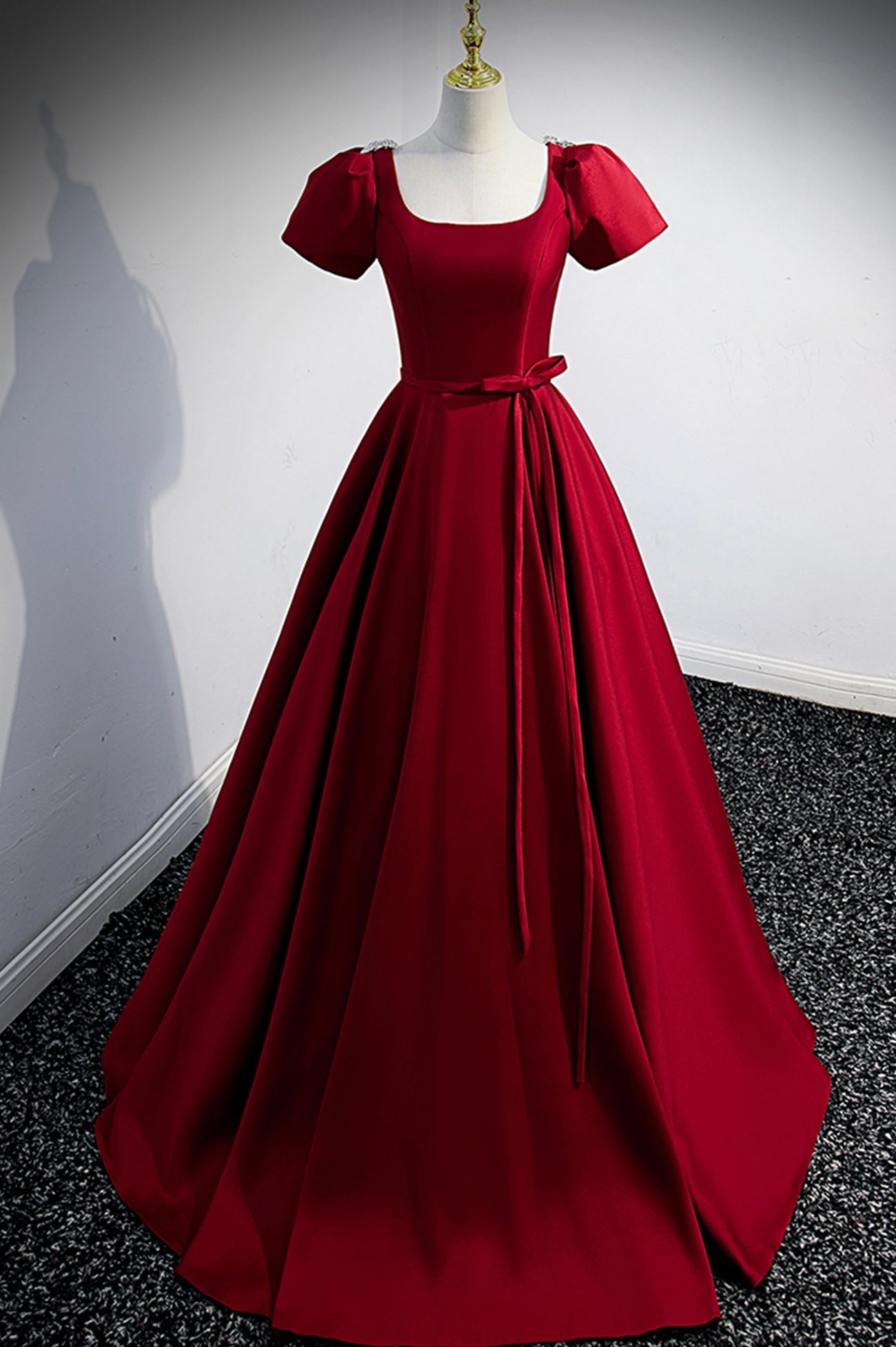 Burgundy Scoop Neckline Satin Long Prom Dress, Short Sleeve Evening Dress