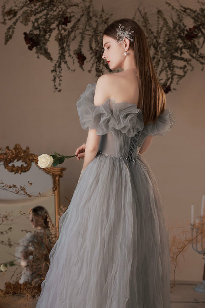 Gray Tulle Long A-Line Prom Dress, Off the Shoulder Formal Evening Dress