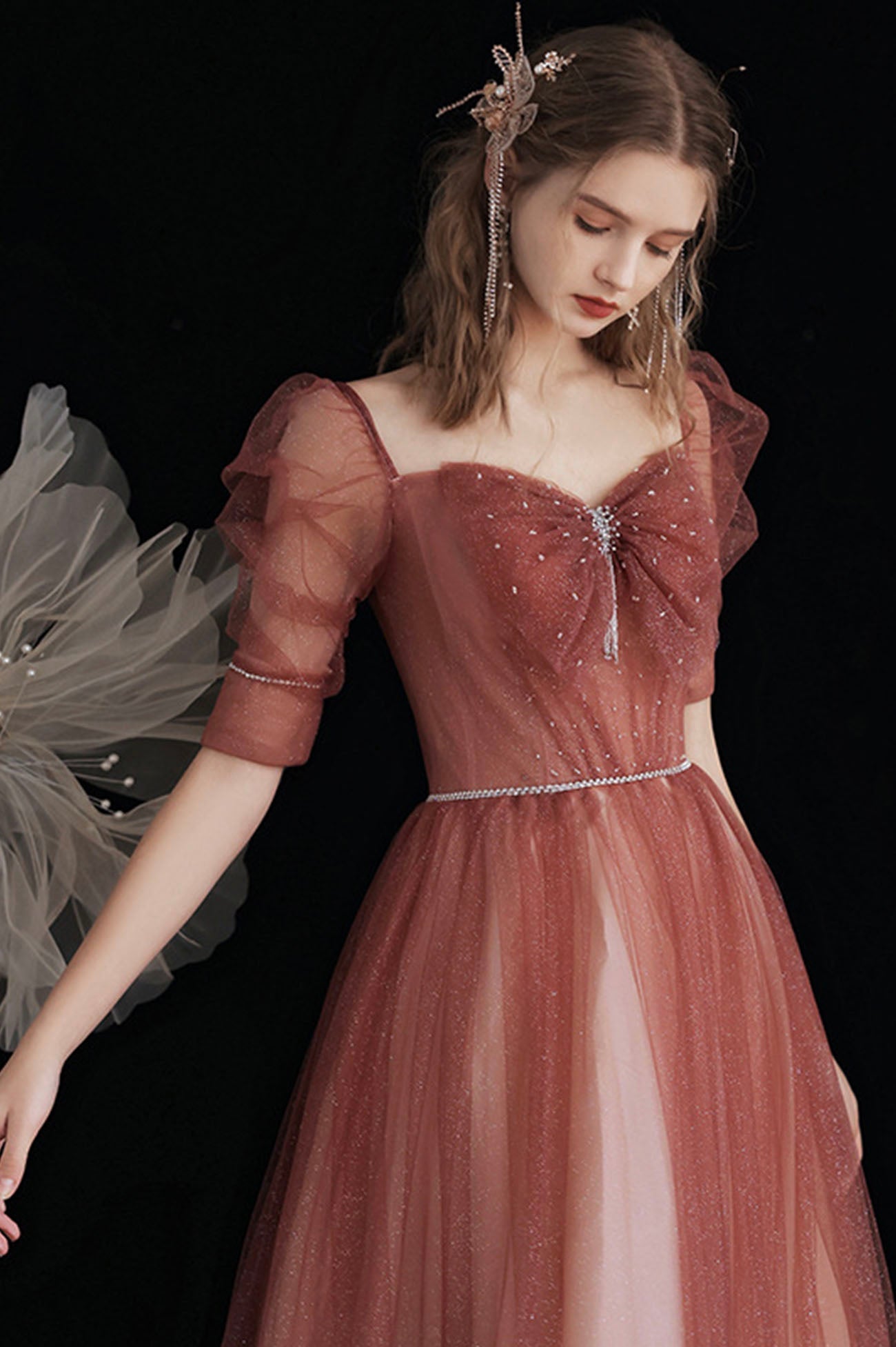 Lovely Gradient Tulle Long Evening Party Dress, A-Line Graduation Dress