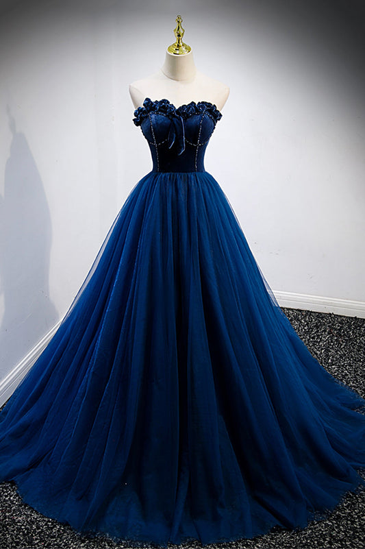 Blue Velvet Tulle Long A-Line Prom Dress, Blue Strapless Formal Evening Dress
