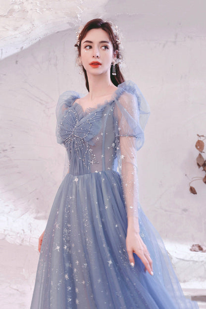 Blue Tulle Long Sleeve Prom Dress, A-Line Long Sleeve Tulle Evening Party Dress