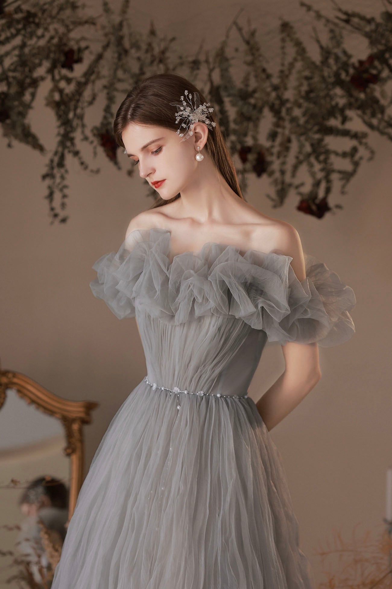 Gray Tulle Long A-Line Prom Dress, Off the Shoulder Formal Evening Dress