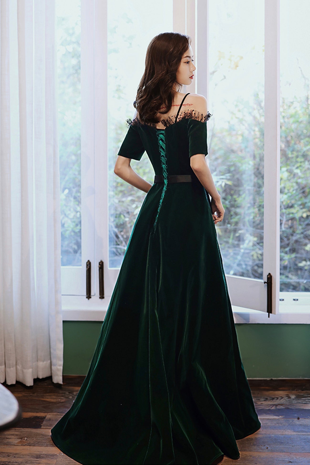 Green Velvet Long A-Line Prom Dress, Green Off the Shoulder Graduation Dress