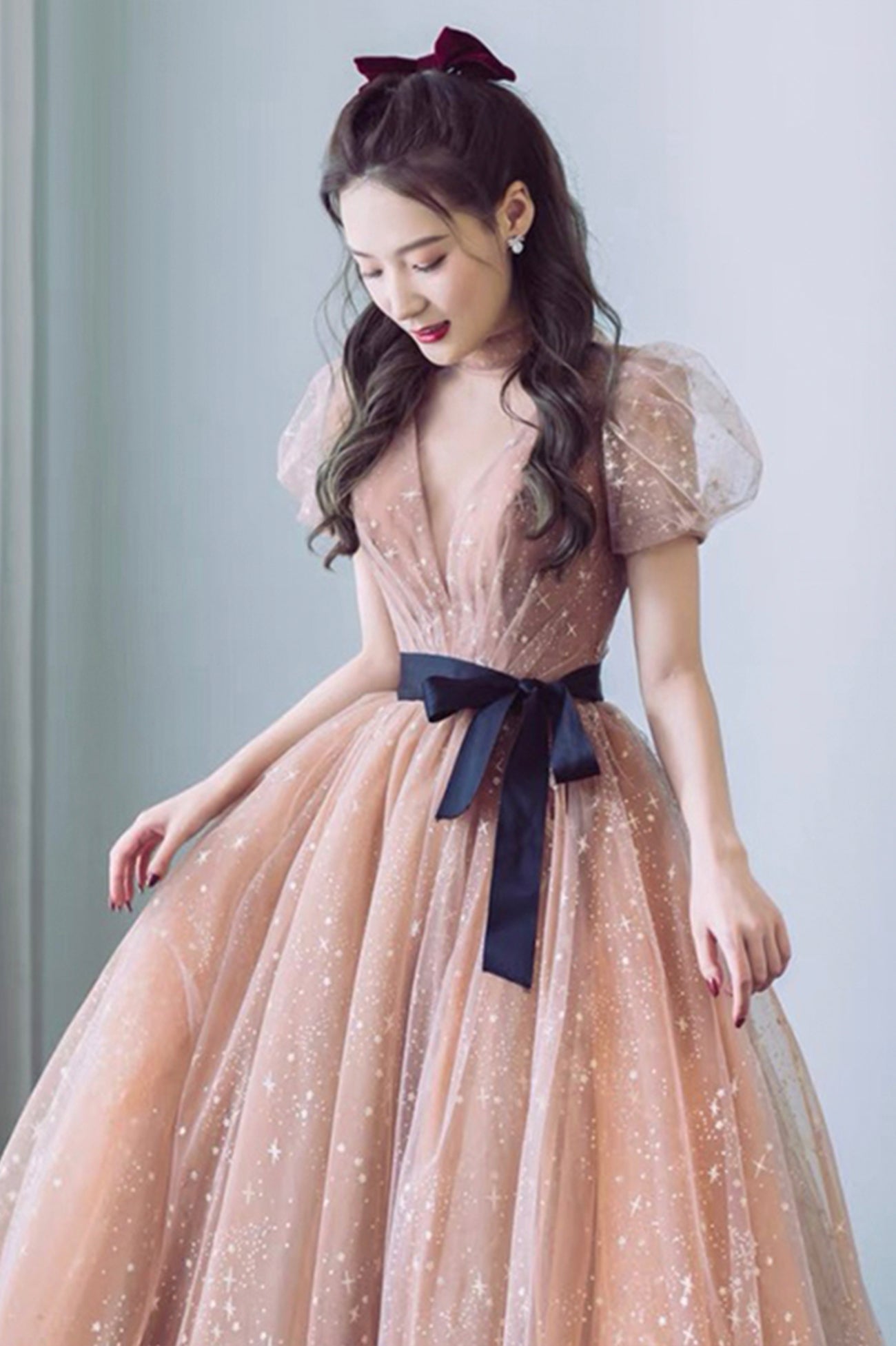 Cute Tulle Long Prom Dress with Bow, A-Line Evening Graduation Dress
