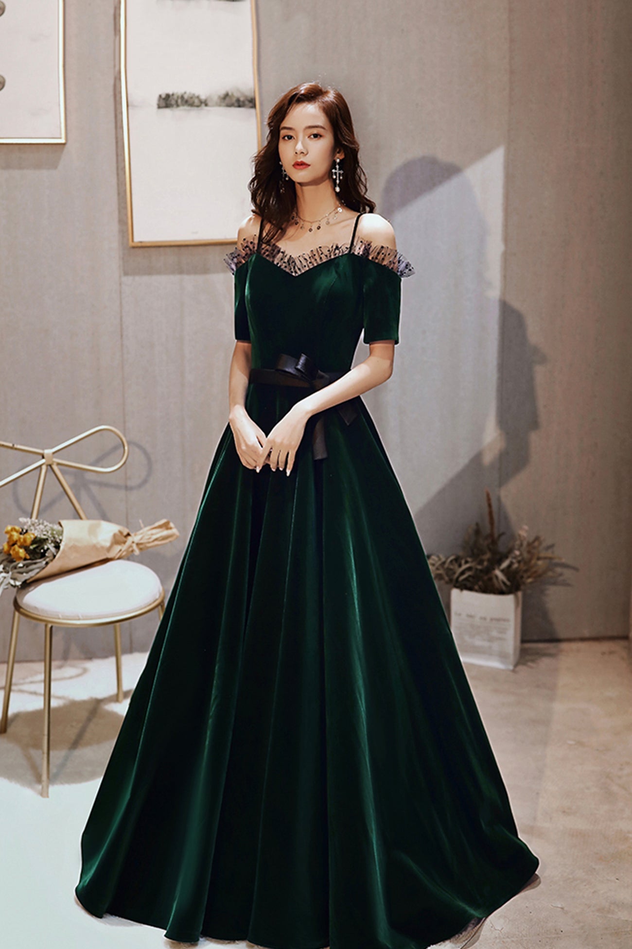 Green Velvet Long A-Line Prom Dress, Green Off the Shoulder Graduation Dress