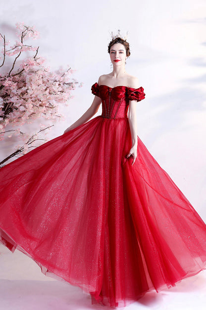 Red Tulle Off the Shoulder Long Prom Dress, A-Line Graduation Dress