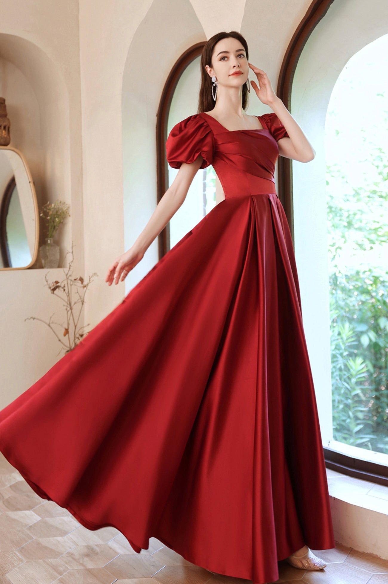 Burgundy Satin Long A-Line Prom Dress, Lovely Puff Sleeve Evening Dress