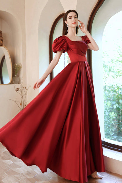 Burgundy Satin Long A-Line Prom Dress, Lovely Puff Sleeve Evening Dress