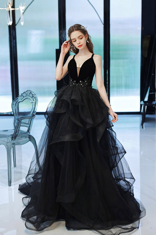 Black V-Neck Tulle Long Prom Dress, Black Graduation Dress with Lace