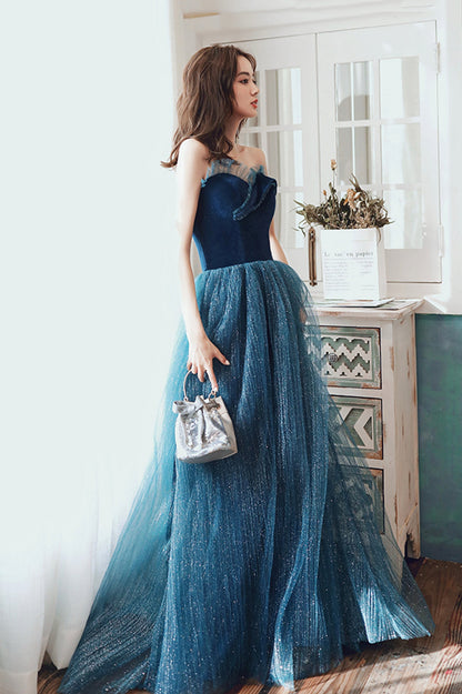 Blue Strapless Tulle Long Prom Dress, A-Line Evening Party Dress